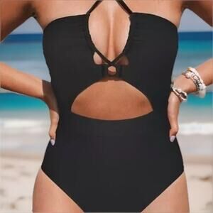 Cupshe Women One Piece Swimsuit L Black Cutout High Waist Crisscross Back Cheeky